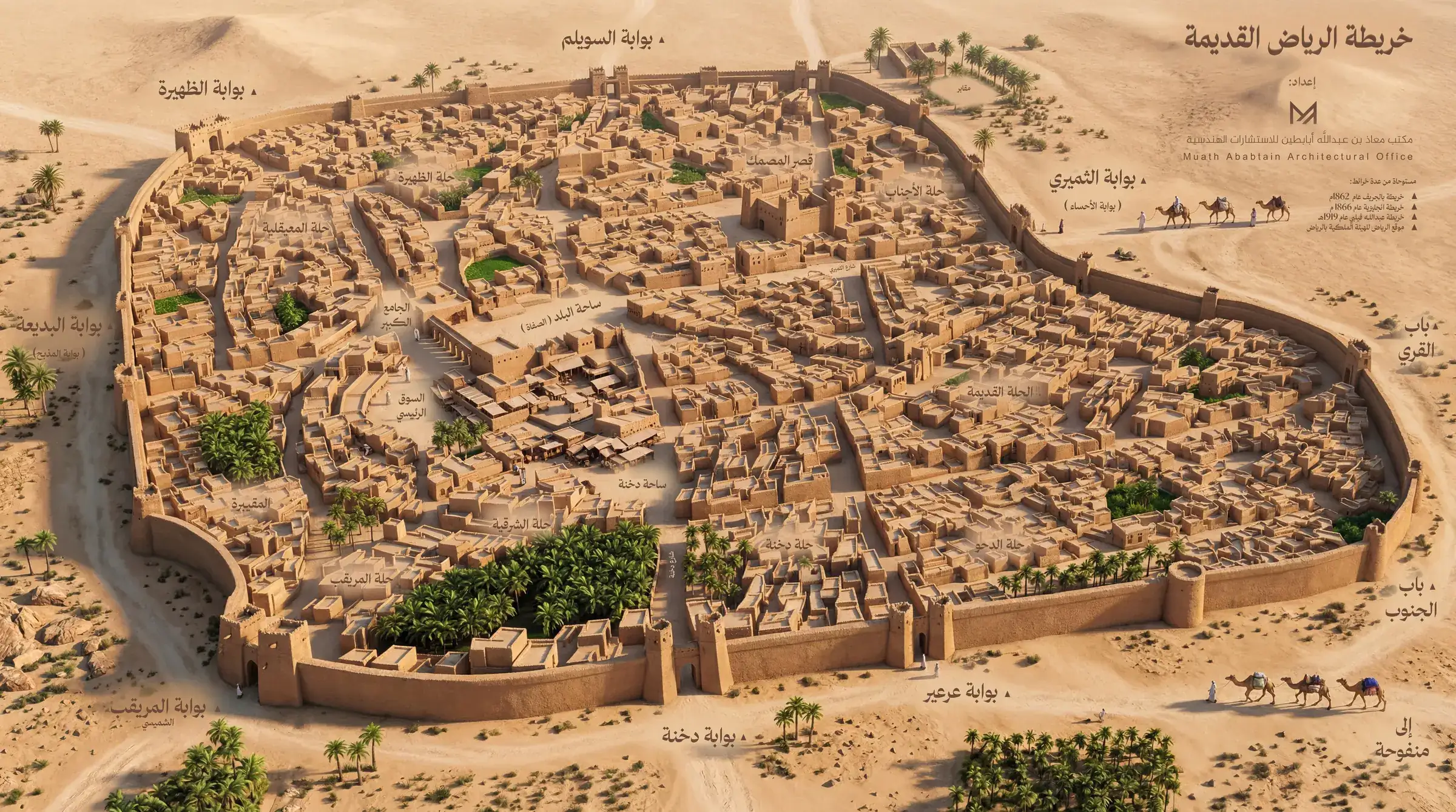 خريطة الرياض القديمة | نموذج ثلاثي الأبعاد للمدينة داخل سورها القديم بأحيائها وبواباتها